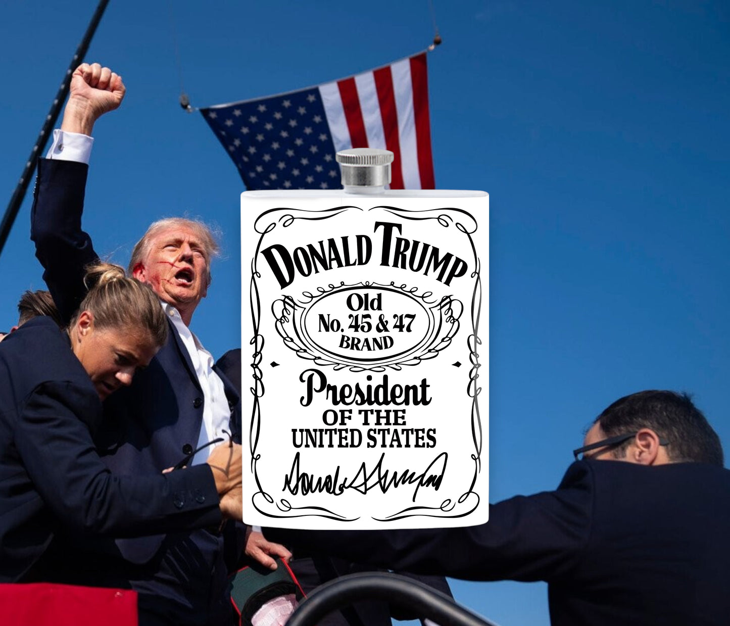 Macies Handmade Treasure's 7oz hip flask featuring Donald Trump vintage style design