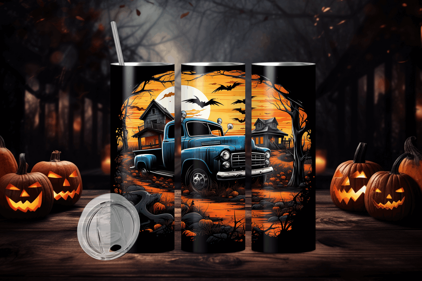 20oz tumbler with farm truck design featuring a vintage blue truck and spooky Halloween scene