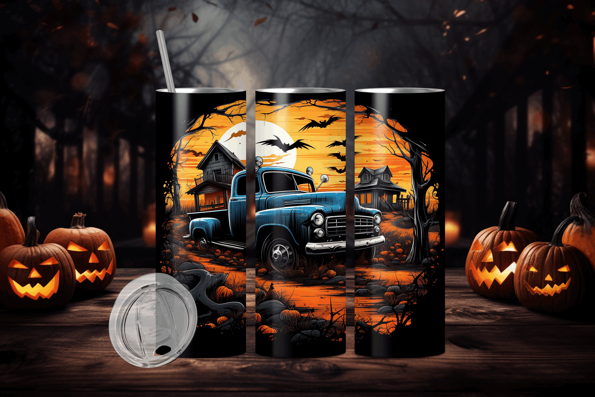 20oz tumbler with farm truck design featuring a vintage blue truck and spooky Halloween scene