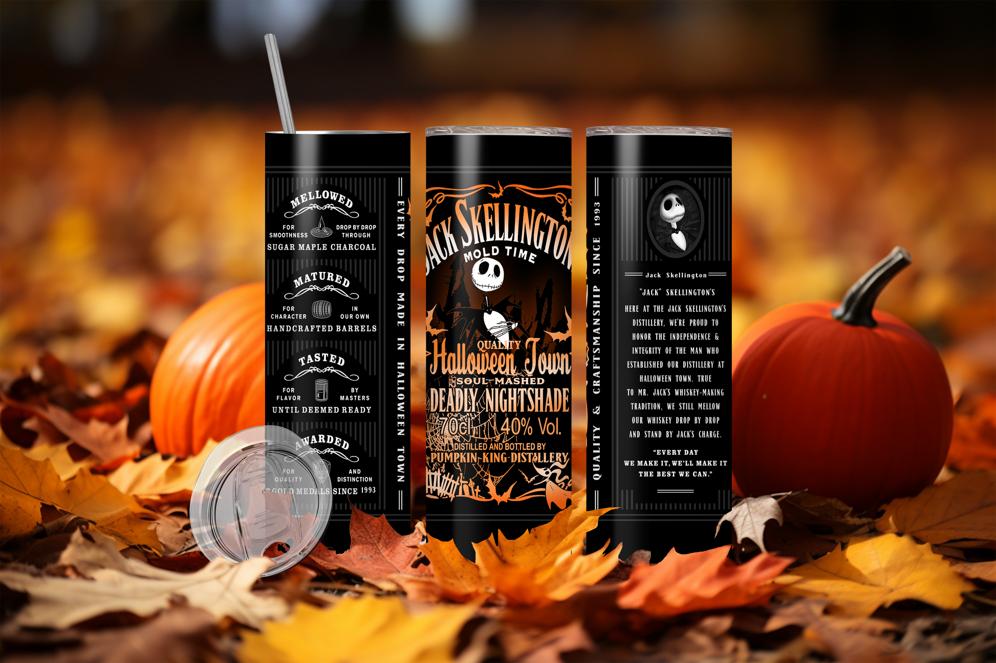 20oz Tumbler from Macies Handmade Treasure's featuring jack skellington and Halloween-themed pumpkin design