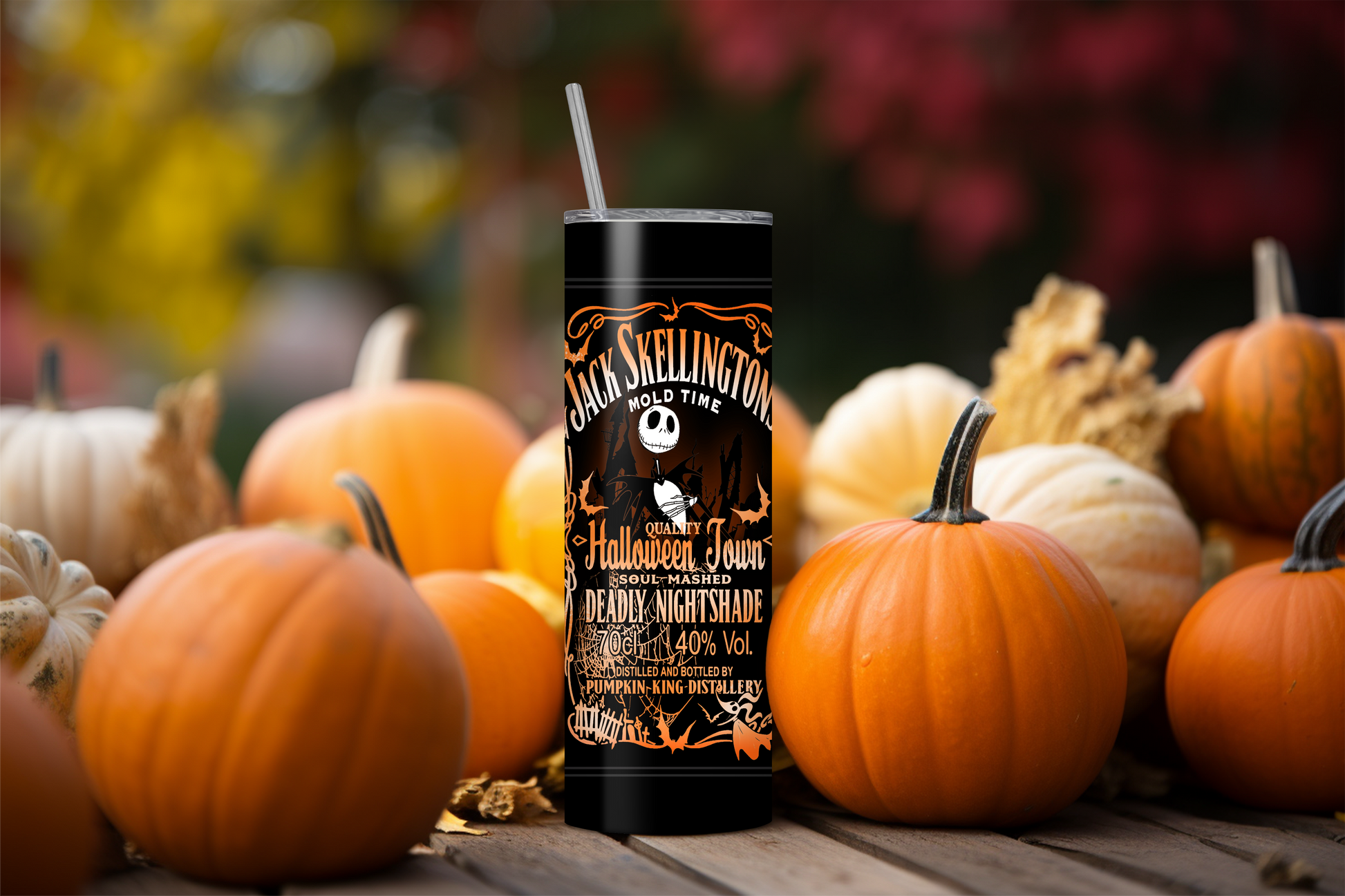 20oz tumbler by Macies Handmade Treasure's featuring jack skellington and Halloween-themed design surrounded by pumpkins
