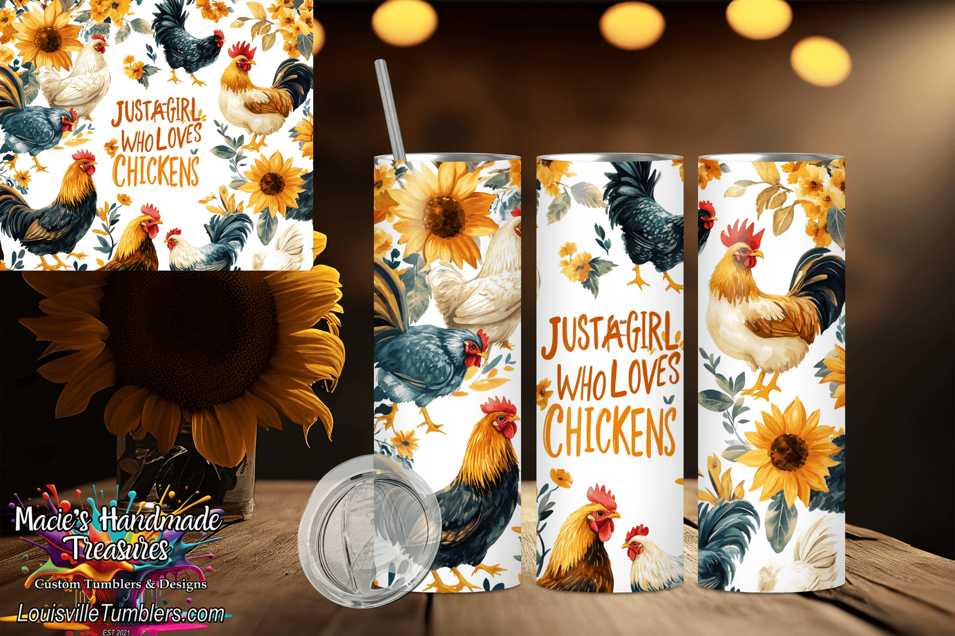 Macies Handmade Treasure's 20oz just a girl who loves chickens tumbler with roosters and sunflowers design