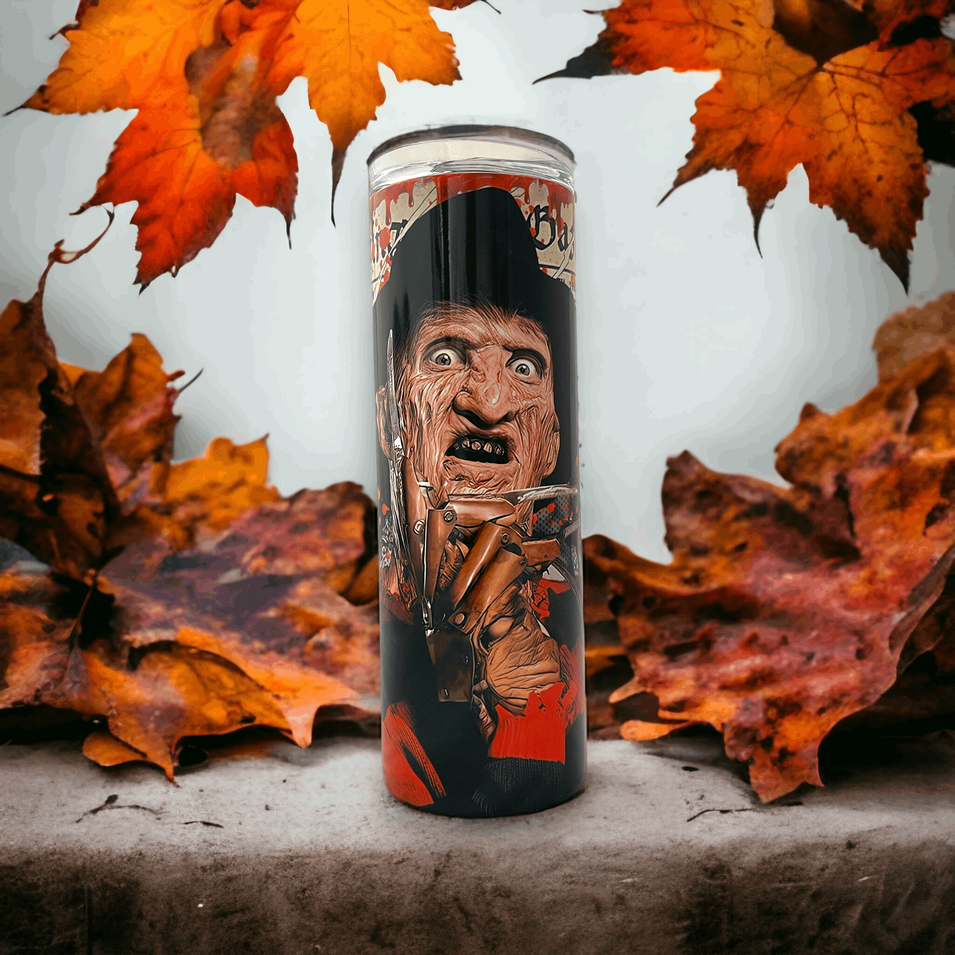 20oz stainless tumbler featuring krueger freddy krueger horror design with detailed face and glove artwork