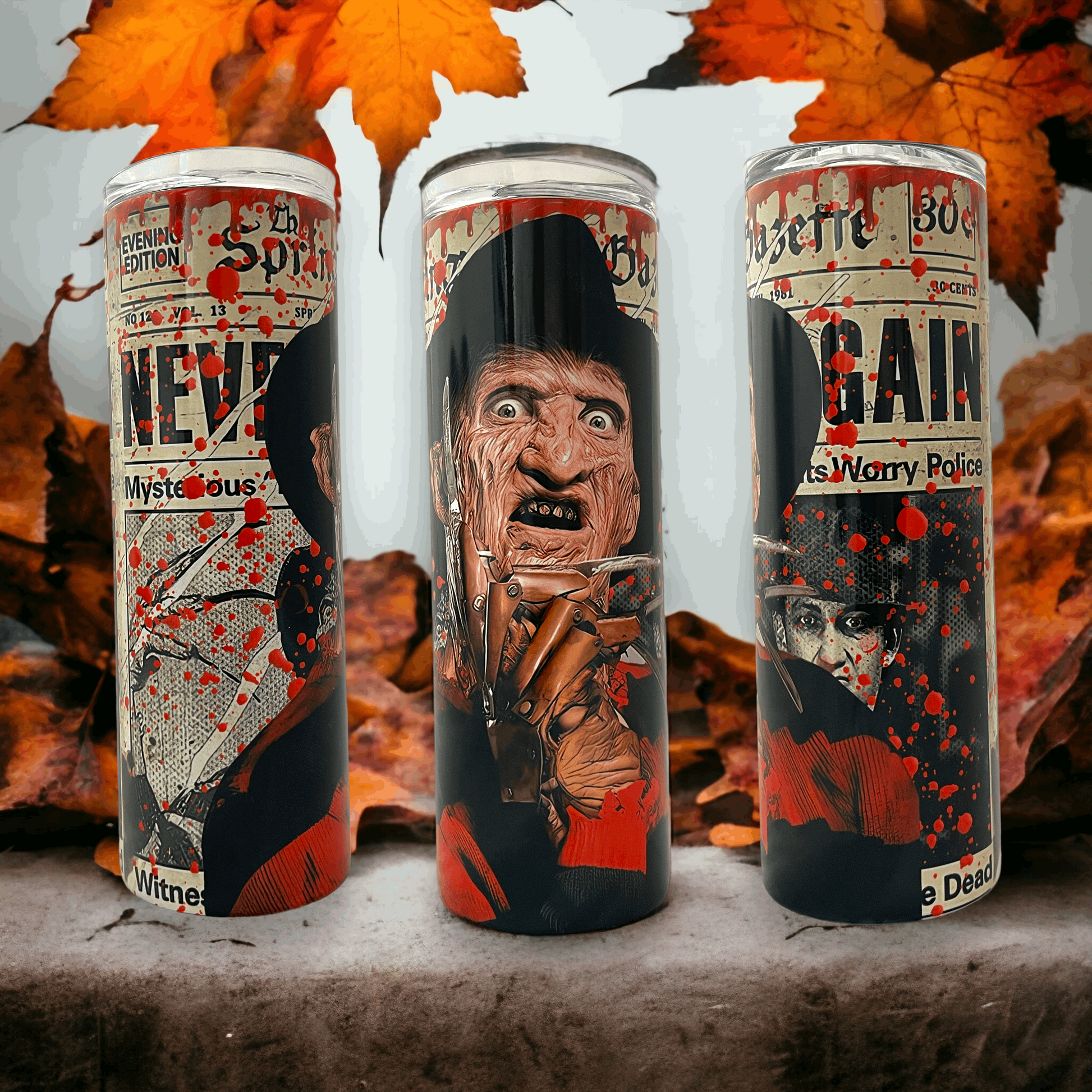 20oz tumbler with krueger freddy krueger horror design by Macies Handmade Treasure's featuring detailed Freddy Krueger artwork