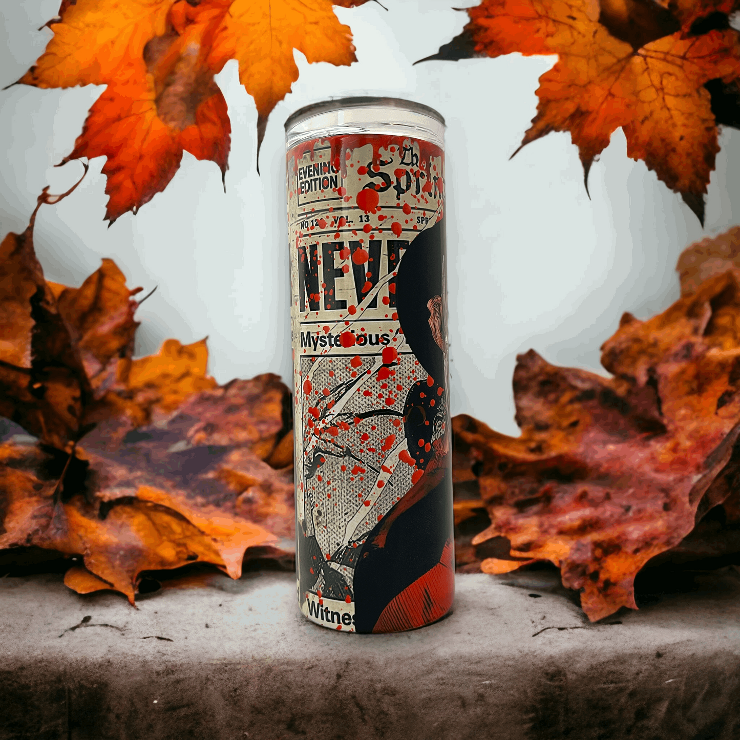 20oz tumbler featuring krueger freddy krueger design with red and black horror theme surrounded by autumn leaves