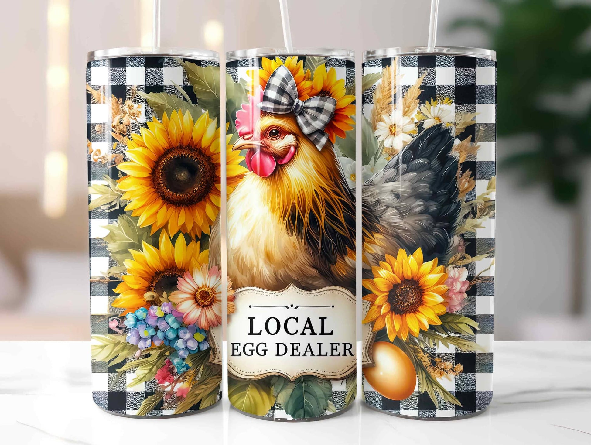 20oz local egg dealer tumbler with sunflowers, chicken, and floral design by Macies Handmade Treasure's