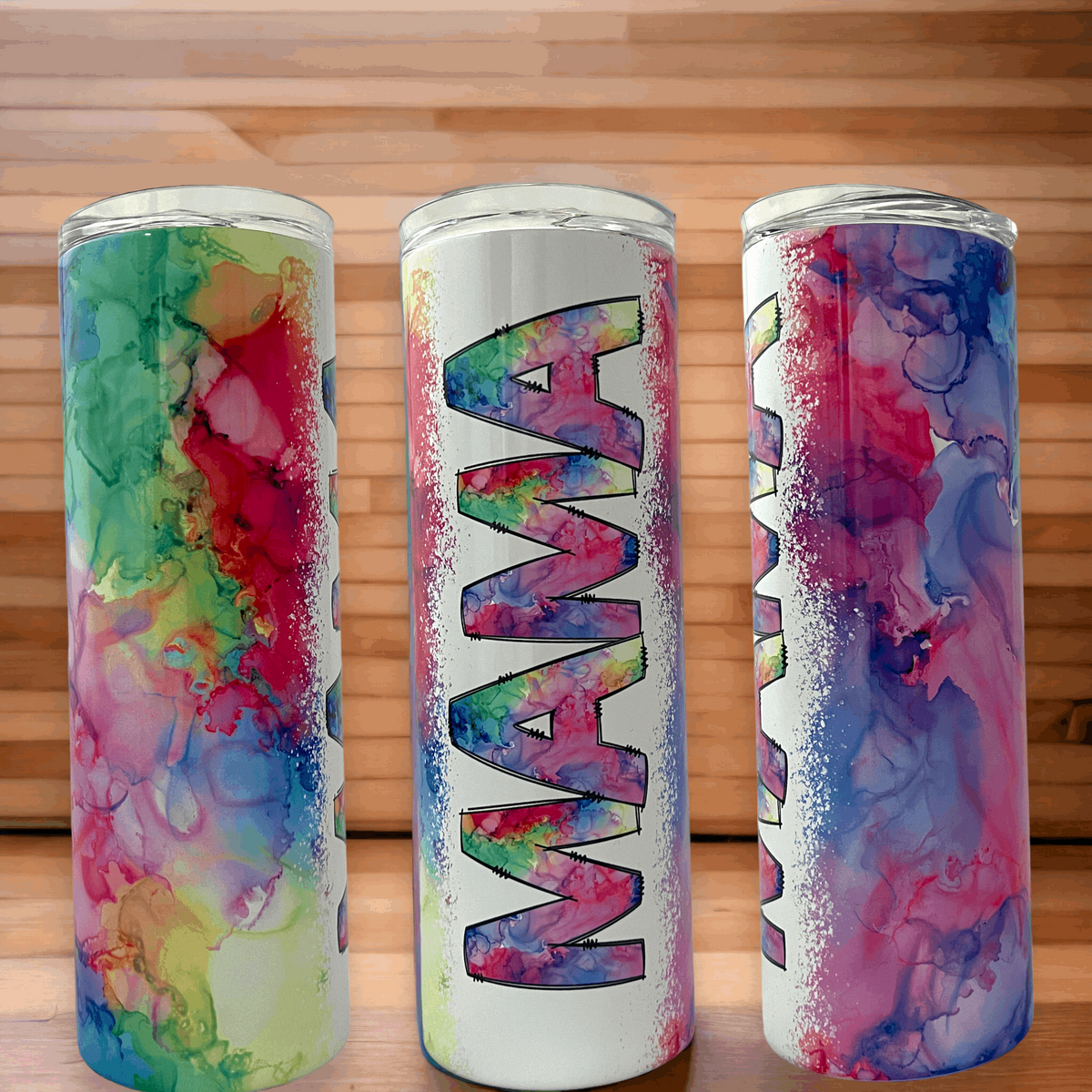 20 oz tumbler with colorful watercolor design and MAMA lettering
