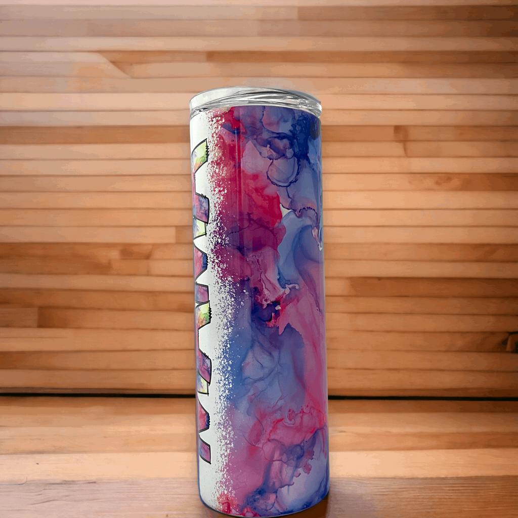 20 oz tumbler with pink and blue watercolor design and personalized name