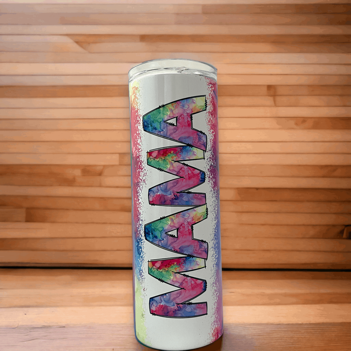 20 oz tumbler with tie-dye MAMA lettering design