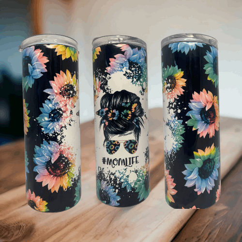20 oz stainless steel tumbler with colorful sunflower and #MomLife design