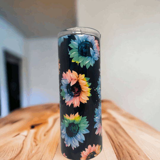 Black 20 oz tumbler with colorful sunflower #MomLife design