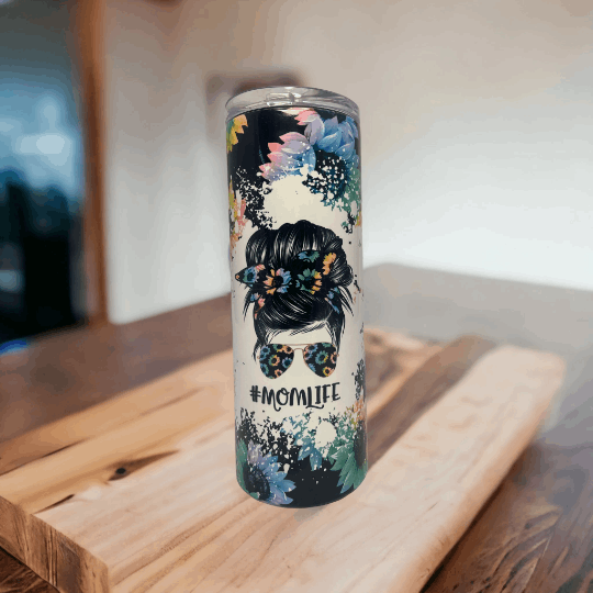 Front view of 20 oz tumbler with #MomLife figure and floral hair wrap