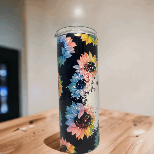 Side view of black 20 oz tumbler with colorful sunflower design