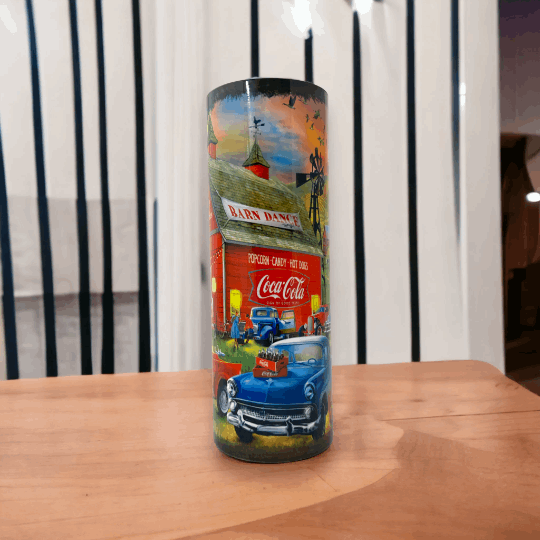 20oz tumbler with retro tumbler glasses design featuring vintage Coca-Cola barn dance scene and classic cars