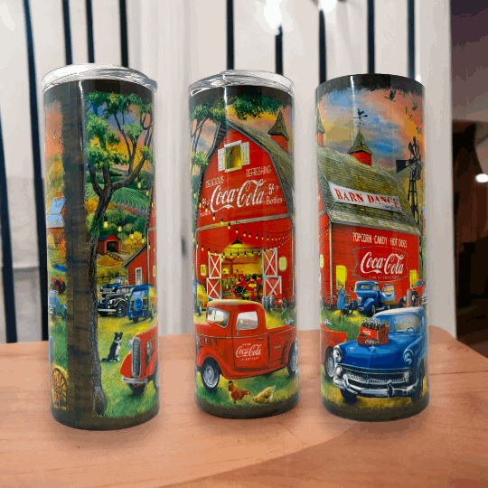 20oz retro tumbler glasses with colorful vintage Coca-Cola farm and truck design by Macies Handmade Treasure's