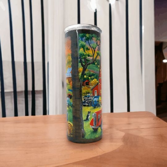 20oz Macies Handmade Treasure's retro tumbler glasses with colorful vintage farm scene design and classic cars