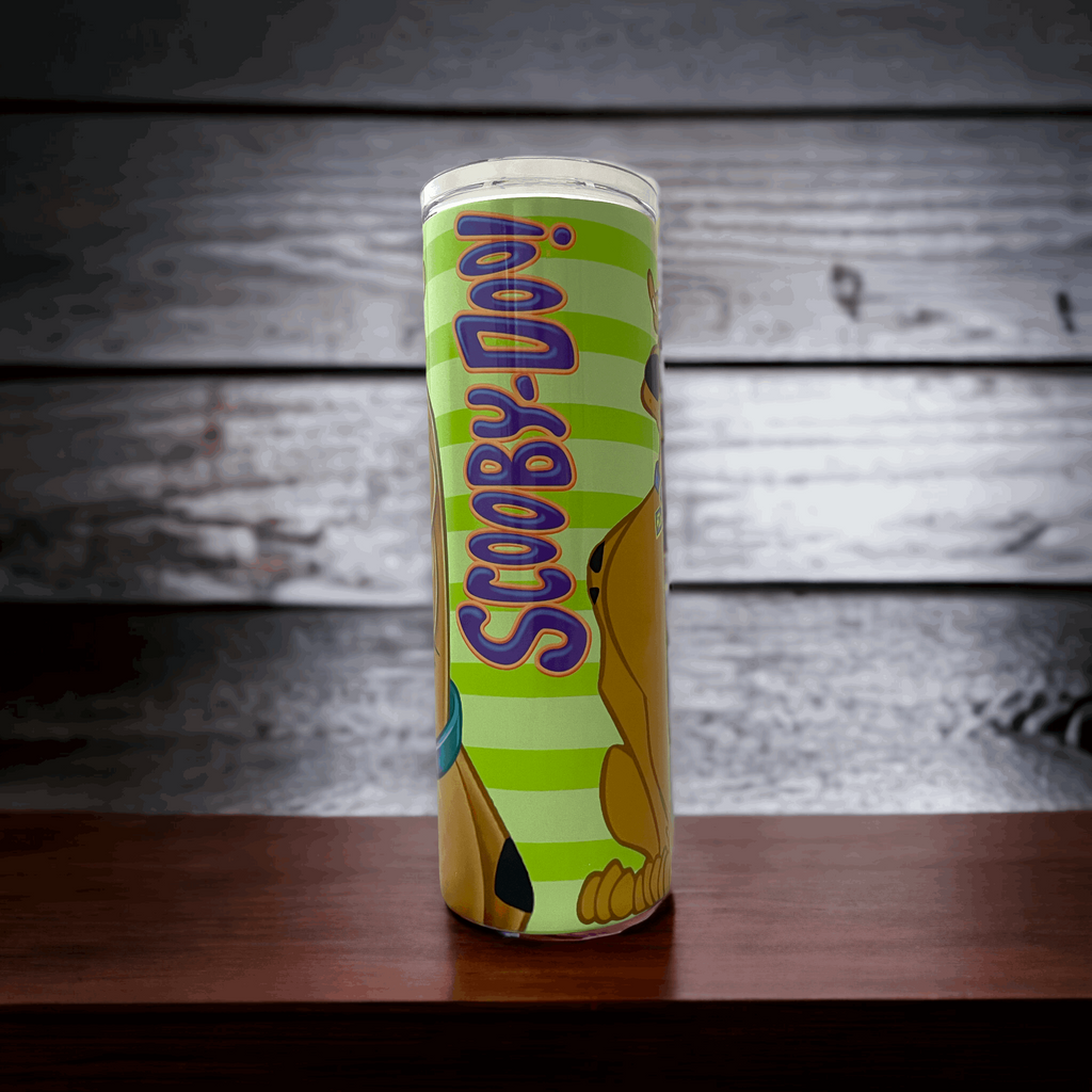 20oz tumbler with Scooby Doo design on light green striped background by Macies Handmade Treasure's
