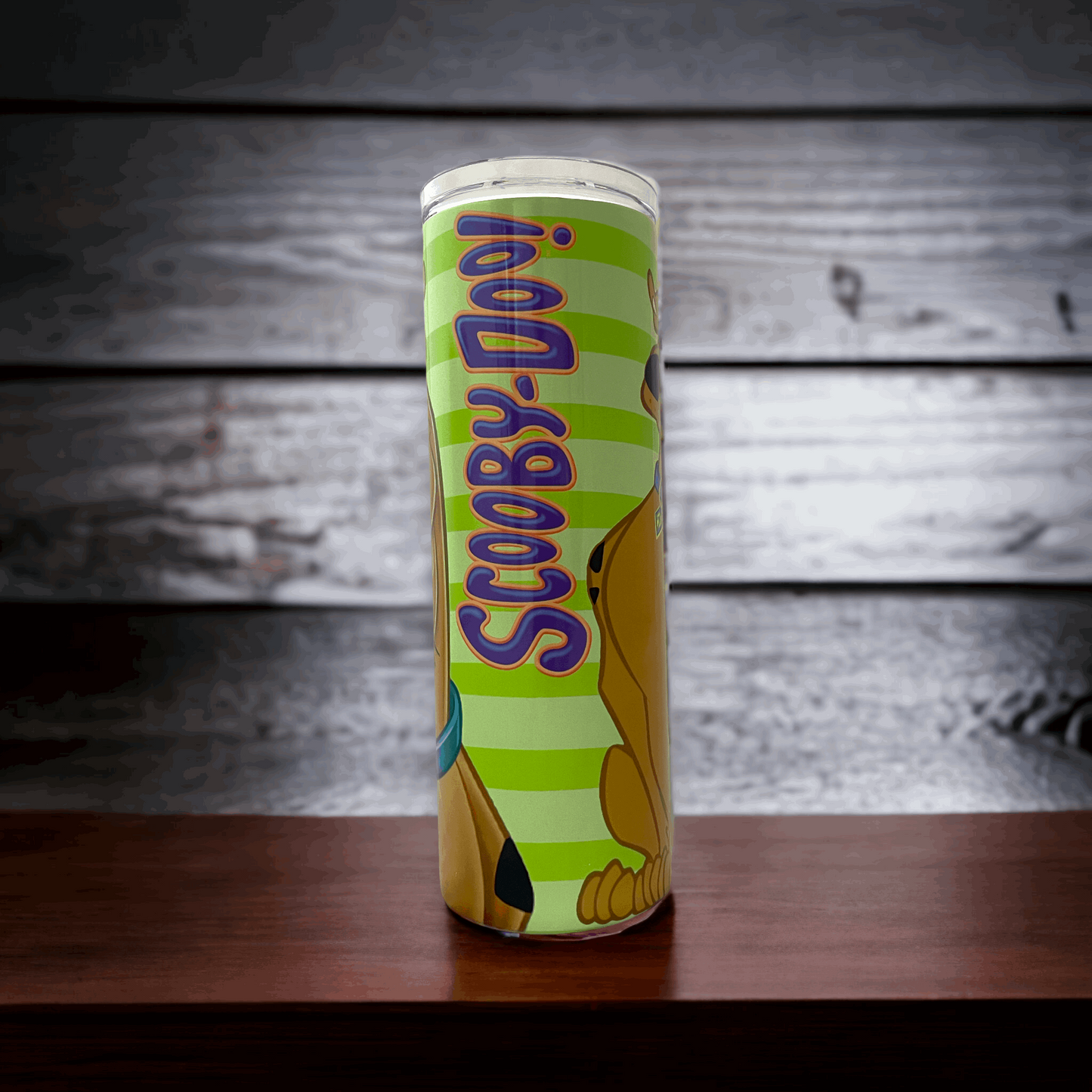 20oz tumbler with Scooby Doo design on light green striped background by Macies Handmade Treasure's