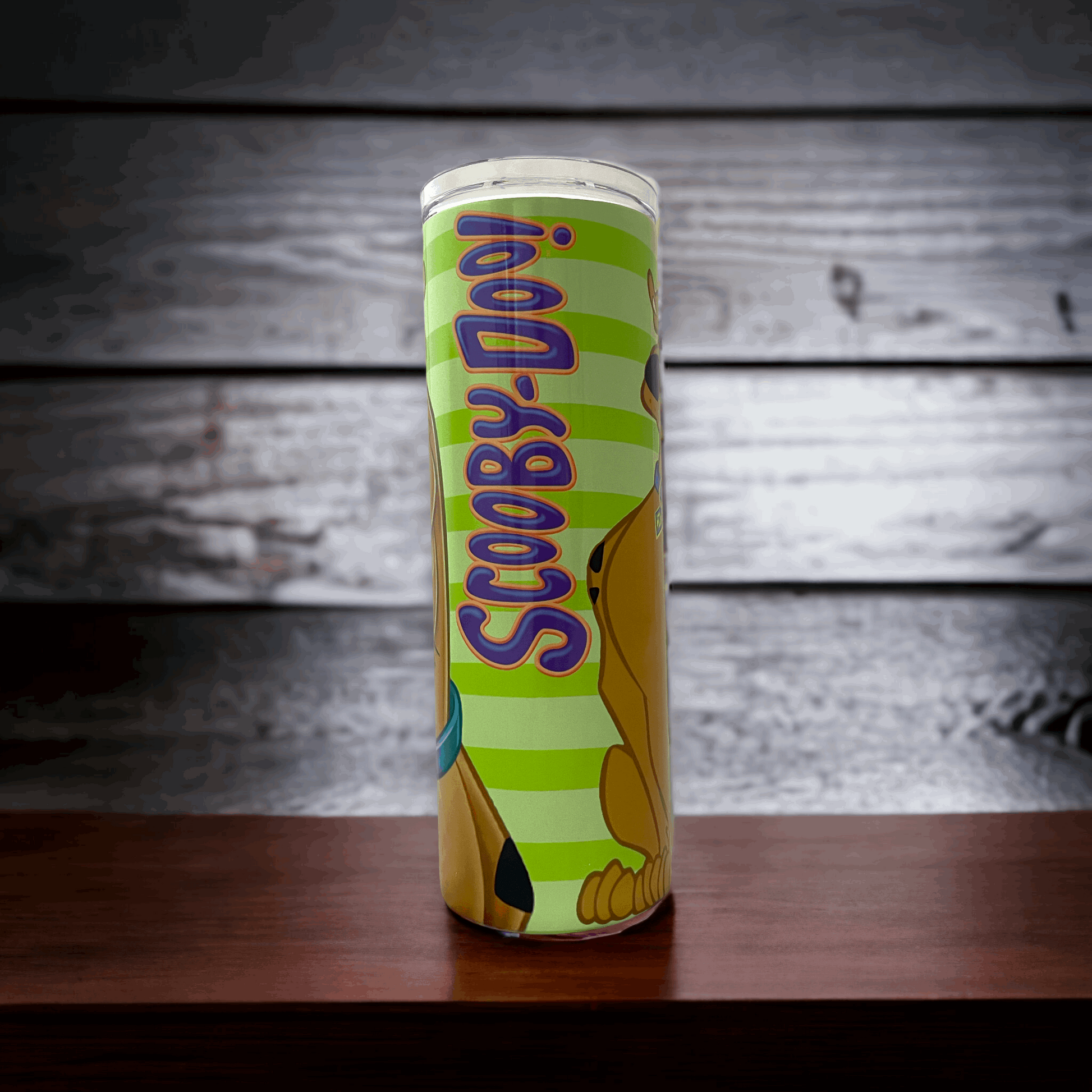 20oz tumbler with Scooby Doo design on light green striped background by Macies Handmade Treasure's