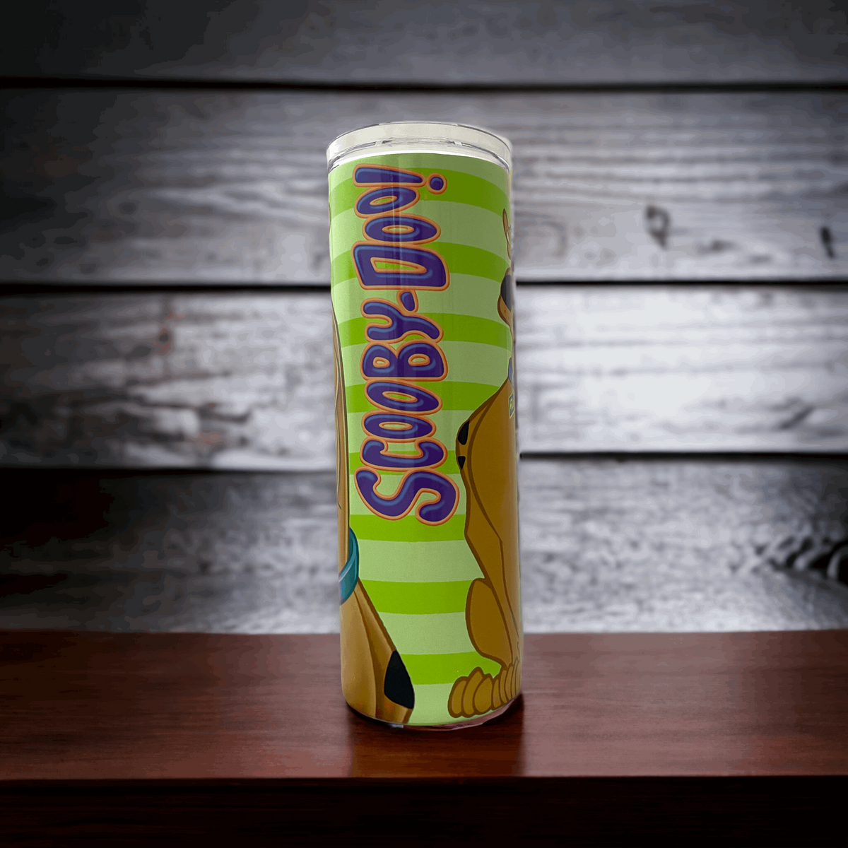 20oz tumbler with Scooby Doo design on light green striped background by Macies Handmade Treasure's