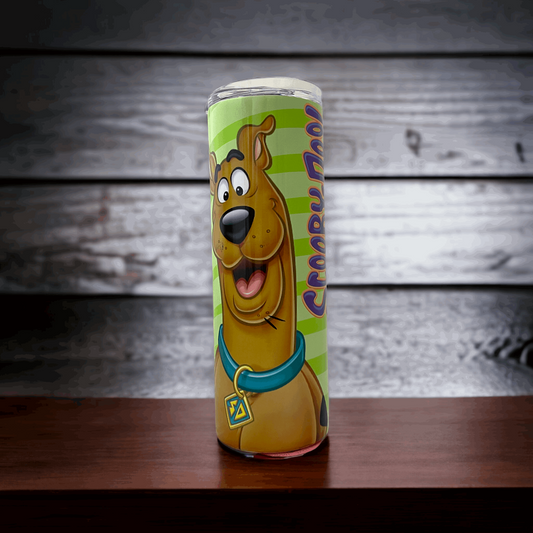 20oz tumbler featuring colorful Scooby Doo design with character image on green background