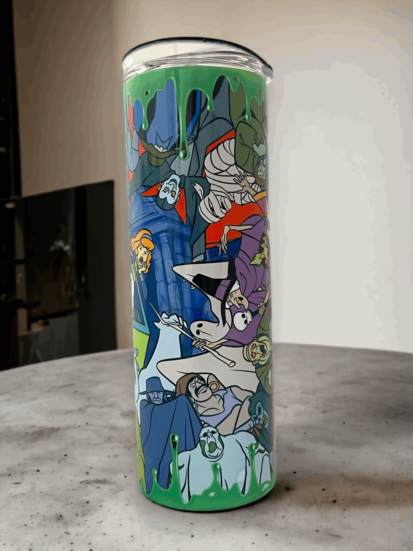 20oz stainless steel Scooby-Doo tumbler with colorful cartoon characters and green slime design