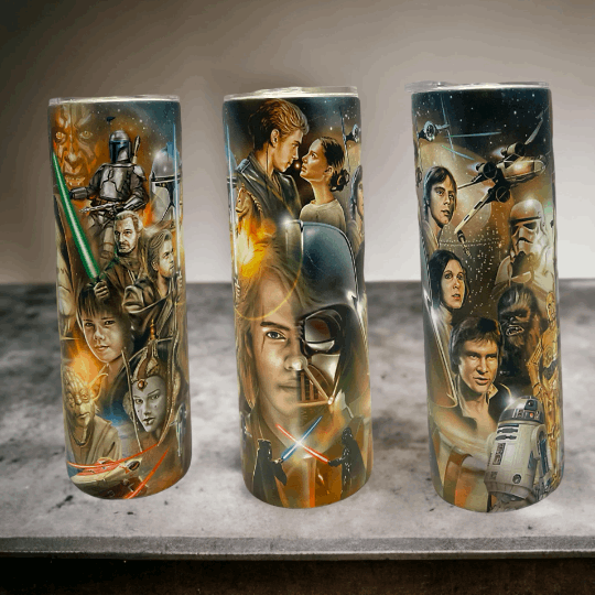20oz stainless steel tumbler with detailed Star Wars art featuring skywalker luke skywalker and iconic characters