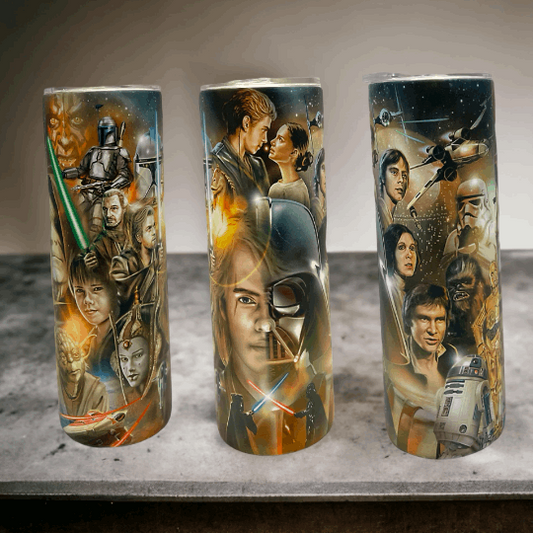 20oz stainless steel tumbler with detailed Star Wars art featuring skywalker luke skywalker and iconic characters