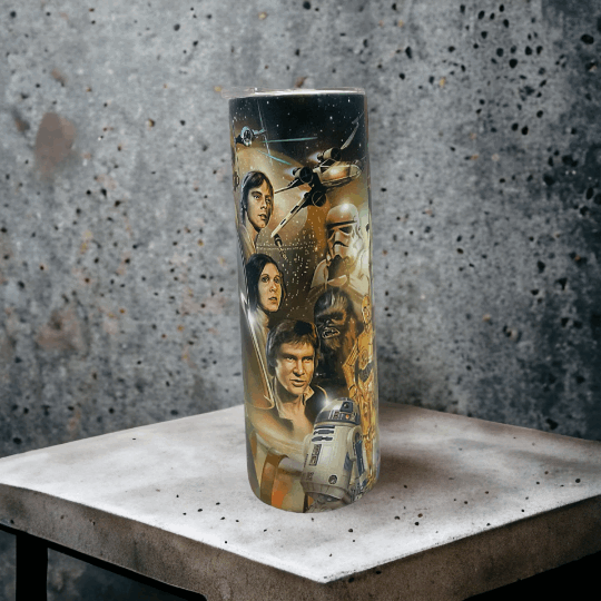 20oz tumbler with Star Wars characters including skywalker luke skywalker, R2-D2, and stormtrooper design