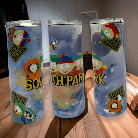 20oz tumbler with south park tv show design featuring colorful characters on a blue starry background