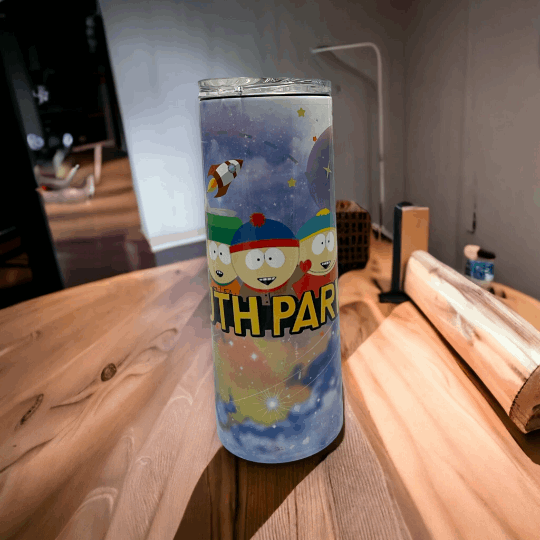 20oz tumbler with colorful south park tv show design featuring main characters on space background