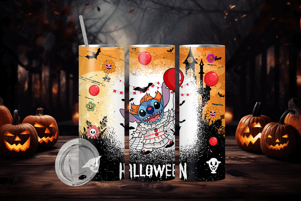 20oz stanley halloween tumbler featuring a Halloween-themed cartoon character holding a red balloon with spooky pumpkin background