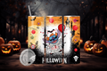 20oz stanley halloween tumbler featuring a Halloween-themed cartoon character holding a red balloon with spooky pumpkin background