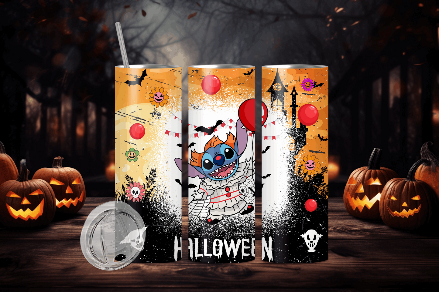 20oz stanley halloween tumbler featuring a Halloween-themed cartoon character holding a red balloon with spooky pumpkin background
