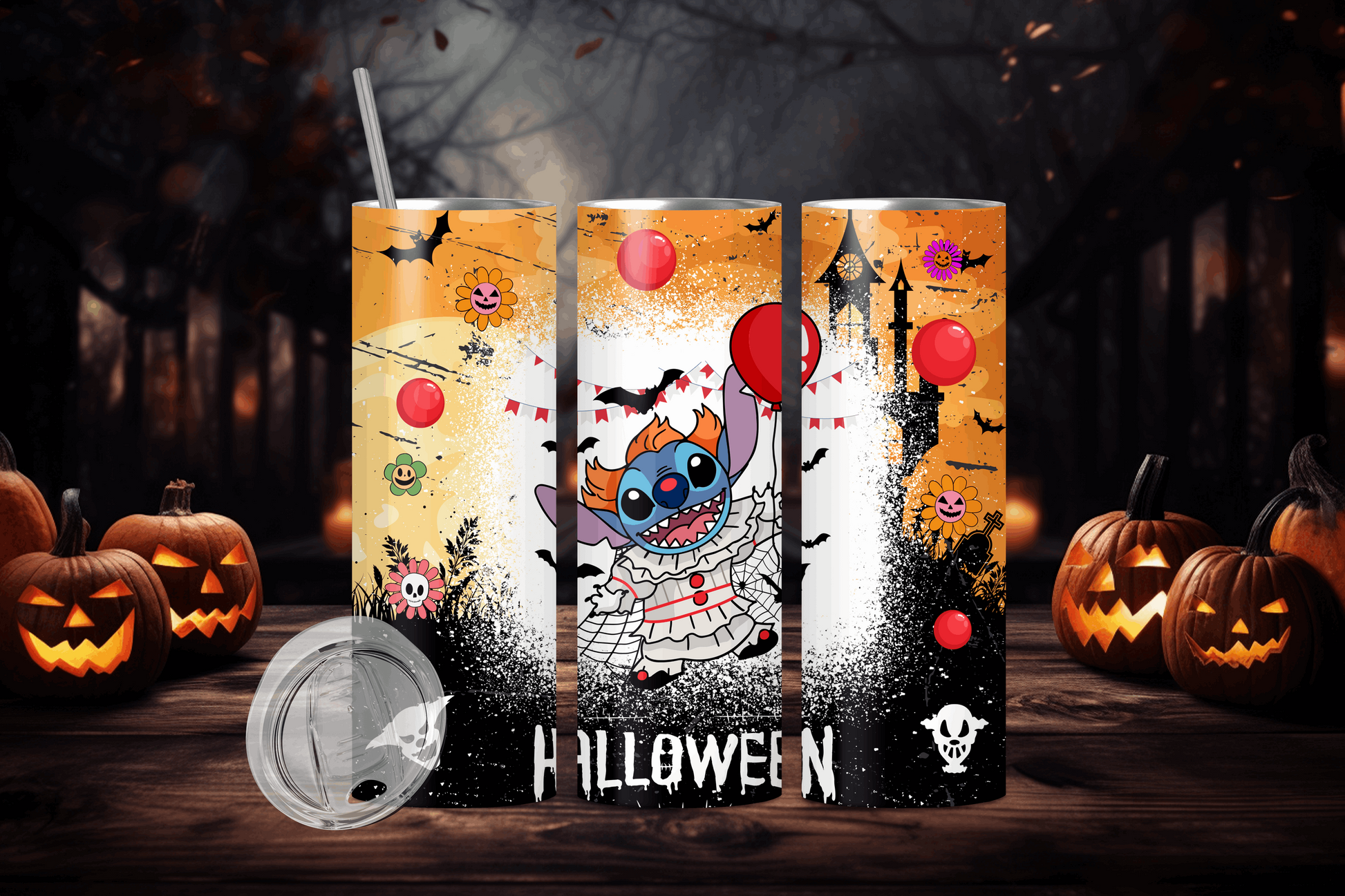 20oz stanley halloween tumbler featuring a Halloween-themed cartoon character holding a red balloon with spooky pumpkin background