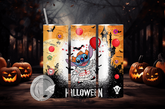 20oz stanley halloween tumbler featuring a Halloween-themed cartoon character holding a red balloon with spooky pumpkin background