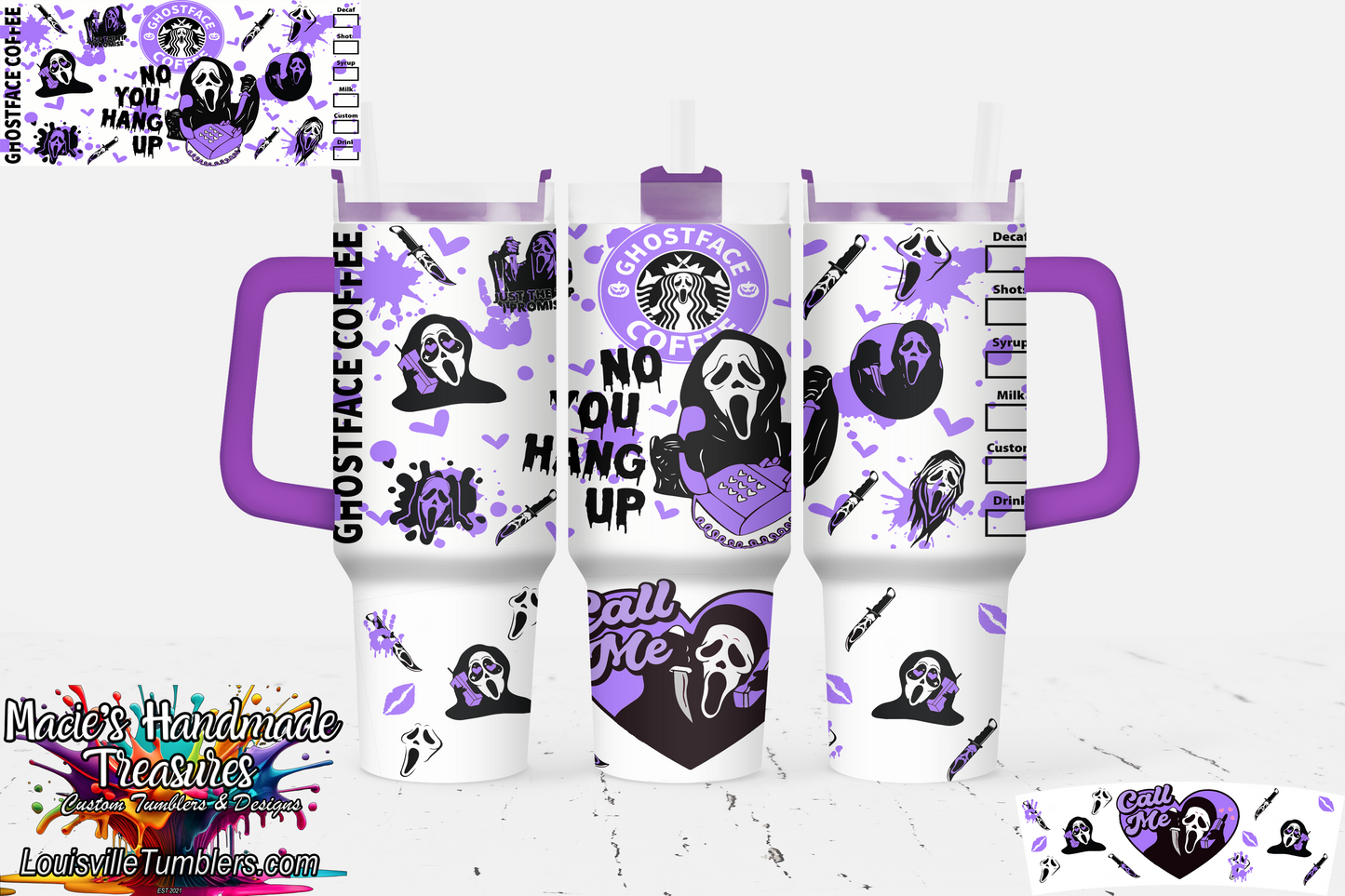 Stanley tumbler 40 oz white with purple handle featuring Ghostface coffee and spooky call me design