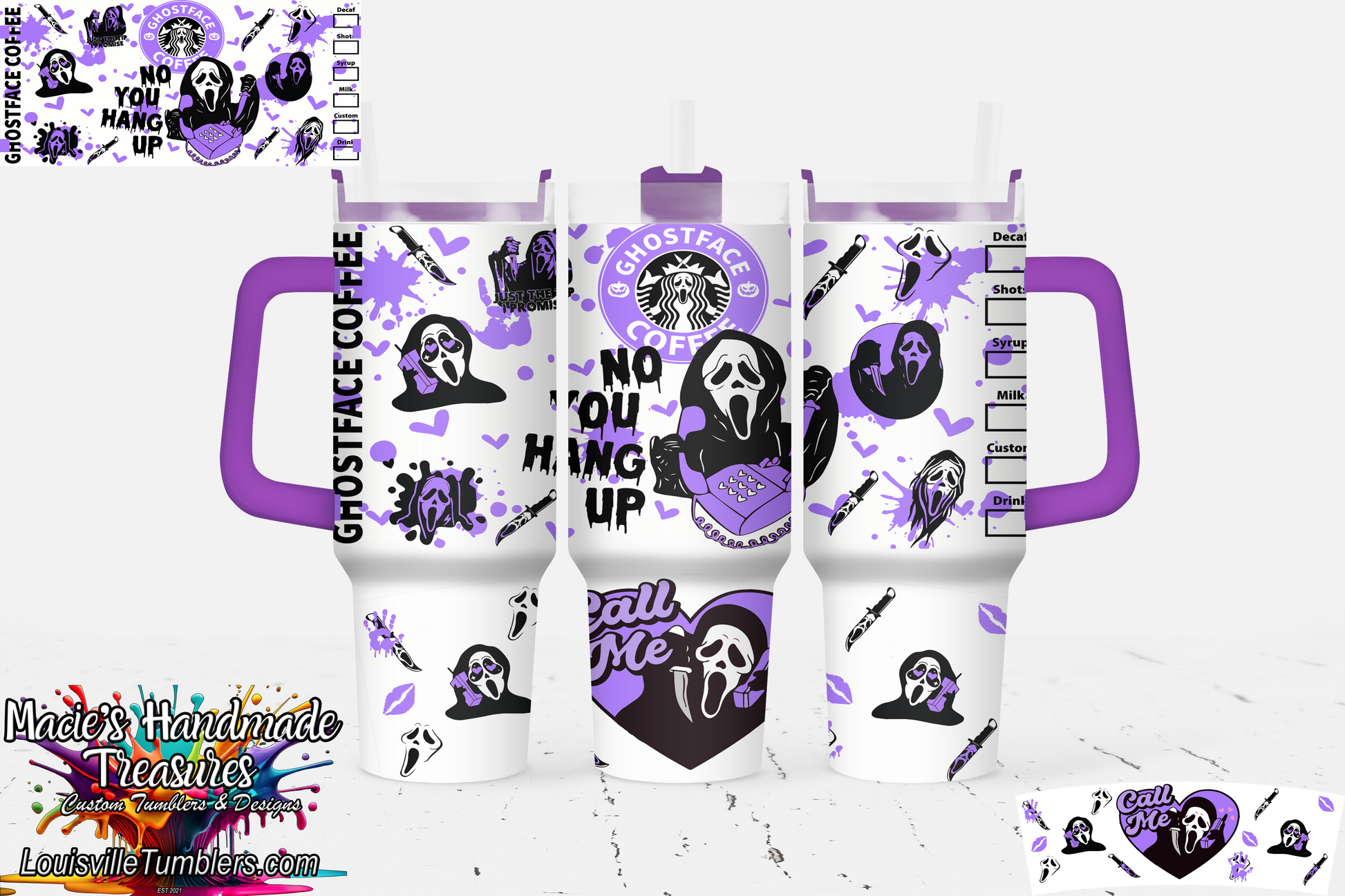 Stanley tumbler 40 oz white with purple handle featuring Ghostface coffee and spooky call me design
