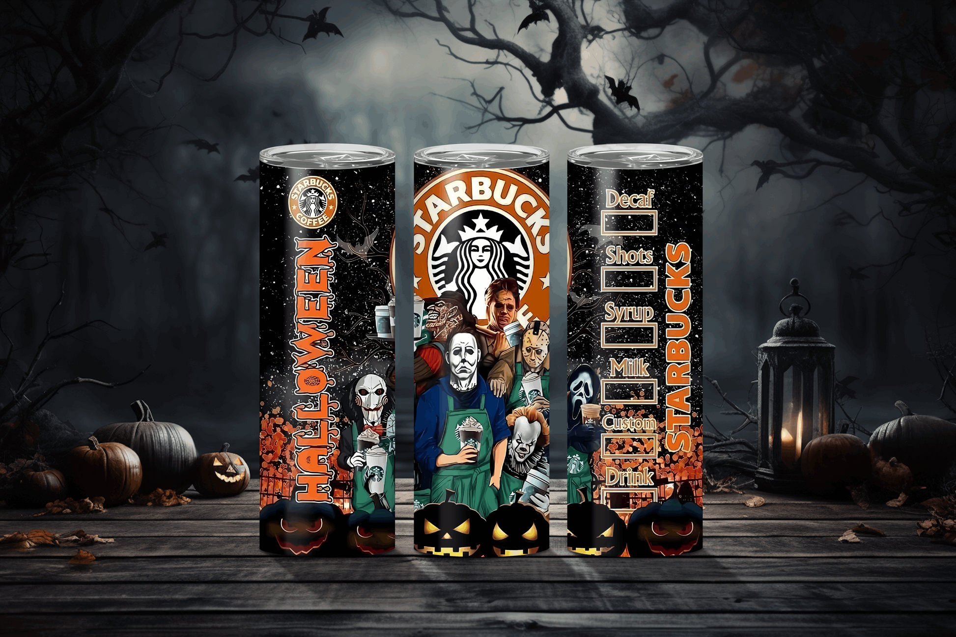 20oz Halloween Starbucks and tumbler with spooky horror characters and pumpkin design by Macies Handmade Treasure's