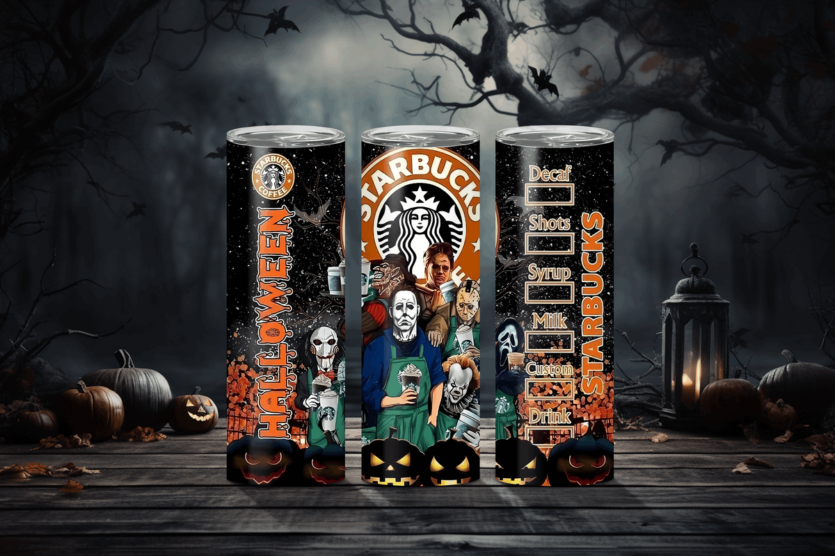 20oz Halloween Starbucks and tumbler with spooky horror characters and pumpkin design by Macies Handmade Treasure's
