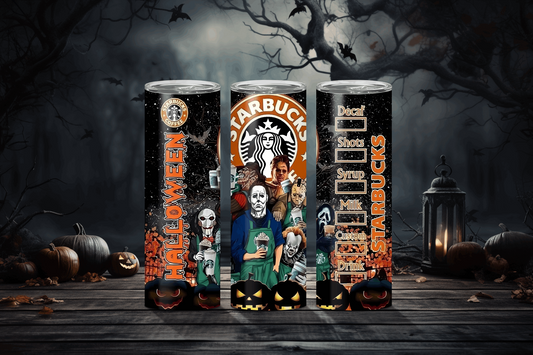 20oz Halloween Starbucks and tumbler with spooky horror characters and pumpkin design by Macies Handmade Treasure's