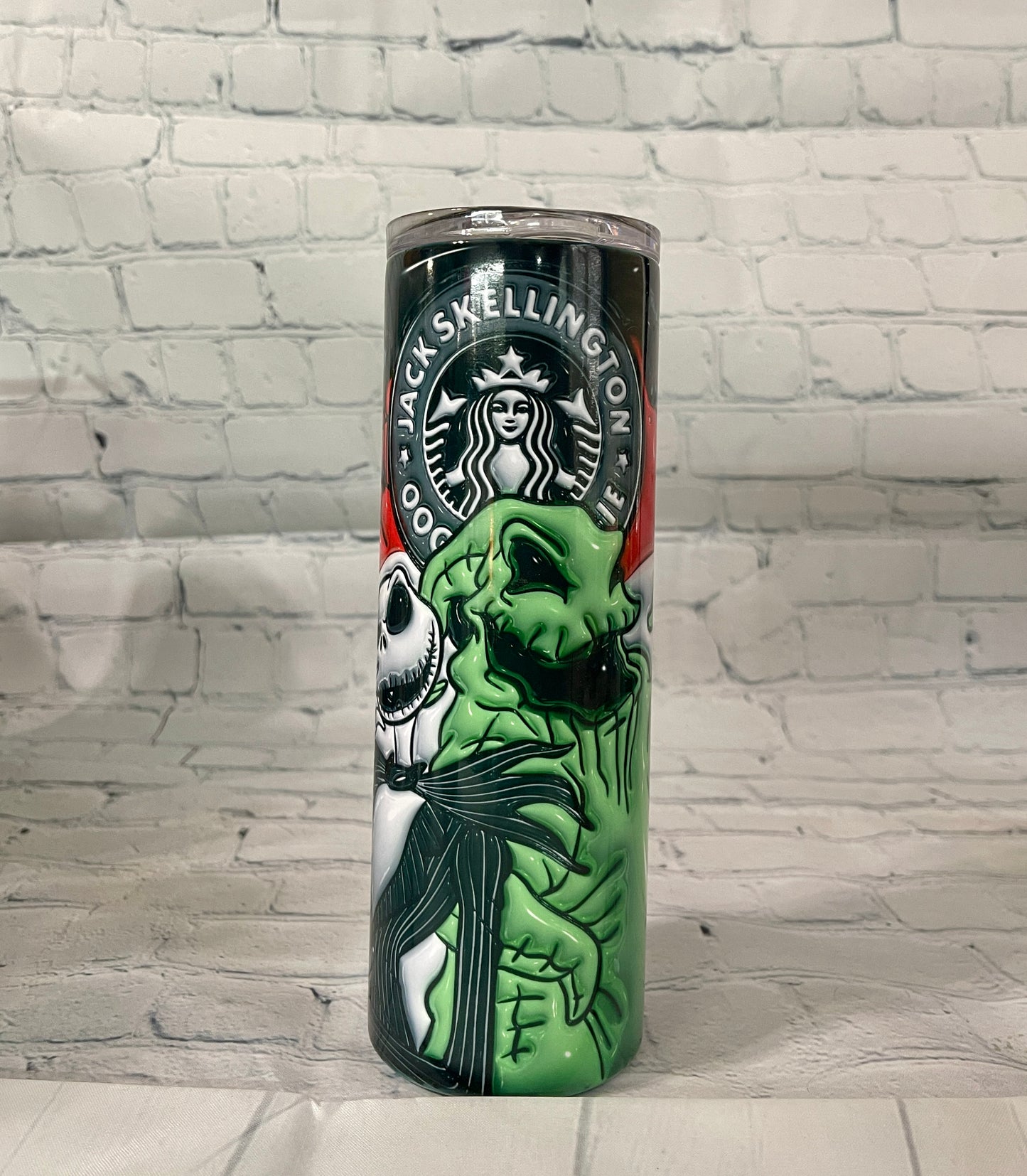 Macies Handmade Treasure's 20oz tumbler for coffee featuring Jack Skellington and Oogie Boogie design