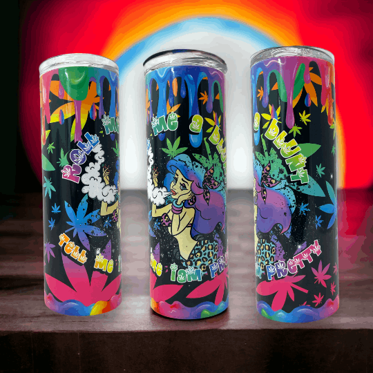 20oz Starbucks tumbler mermaid design with colorful drip pattern and vibrant cannabis leaf graphics