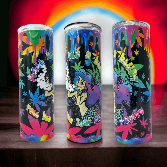 20oz Starbucks tumbler mermaid design with colorful drip pattern and vibrant cannabis leaf graphics