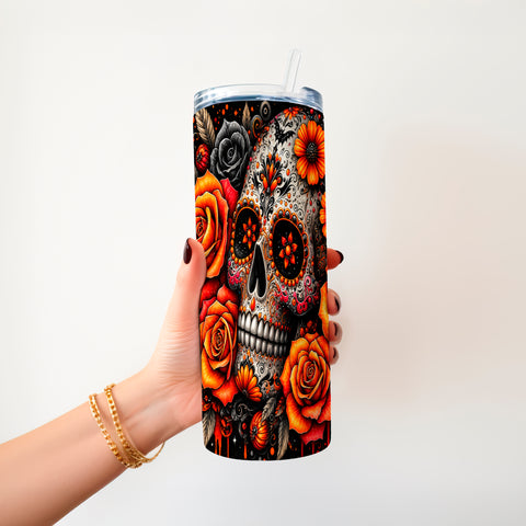 Photo of Sugar Skull with Orange Roses – 20 oz Tumbler
