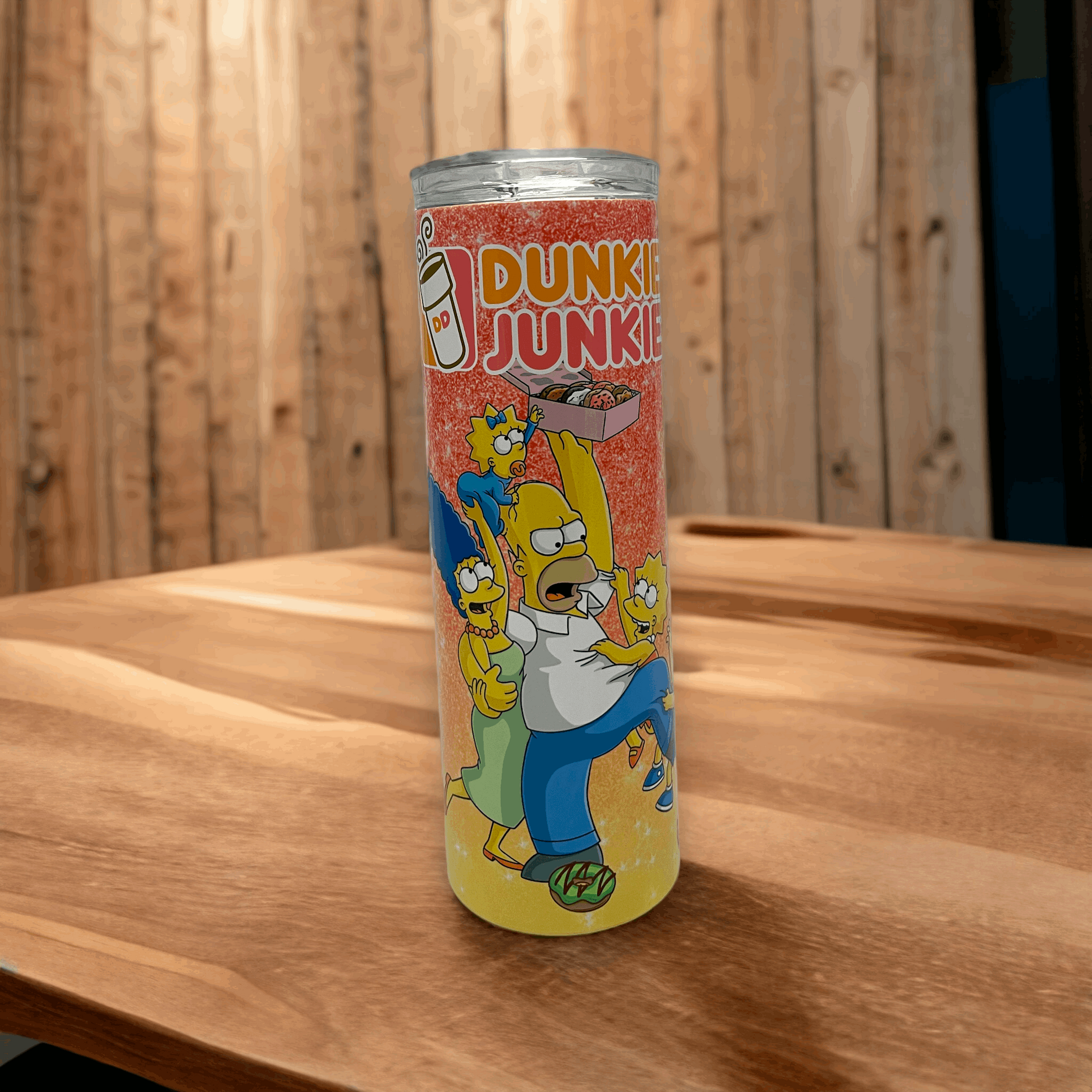 20oz tumbler with colorful The Simpsons Dunkin Junkie design featuring Homer and family by Macies Handmade Treasure's