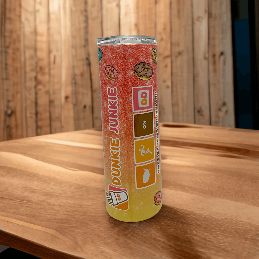 20oz tumbler with Dunkin' Donuts inspired colorful design featuring donuts and Dunkie Junkie text