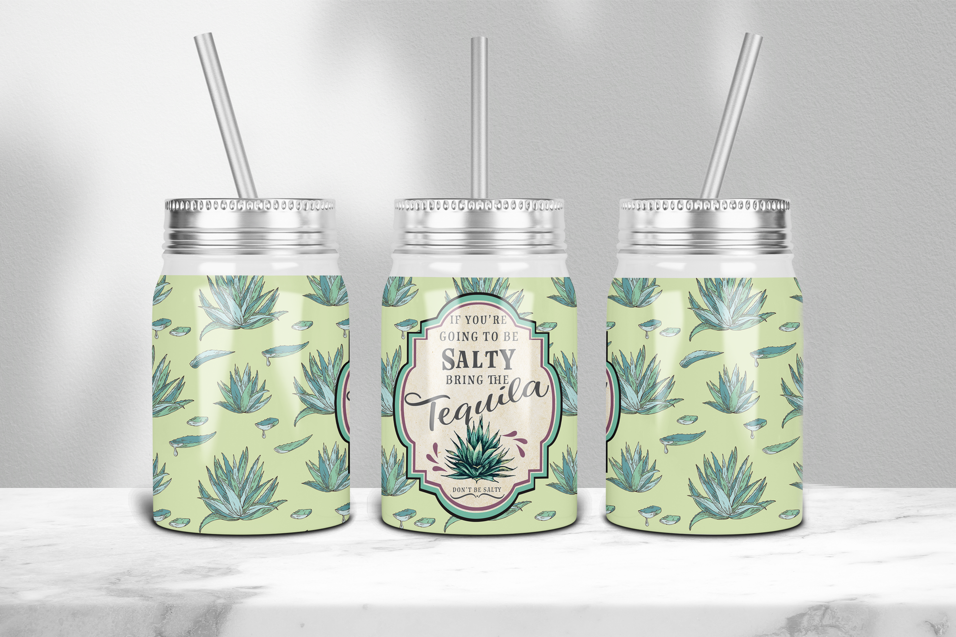Macies Handmade Treasure's 17 oz Moonshine Tumbler with agave design and tequila quote with clear lid and straw