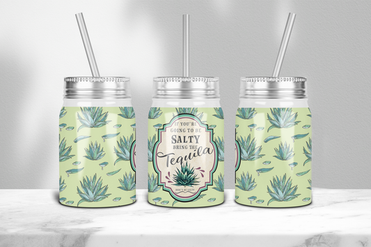 Macies Handmade Treasure's 17 oz Moonshine Tumbler with agave design and tequila quote with clear lid and straw