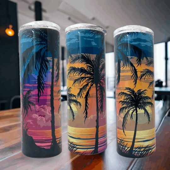 20oz tumbler with colorful sunset design featuring palm trees on a gradient sky background